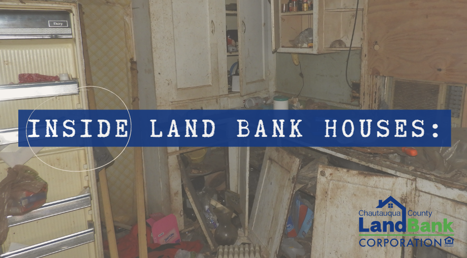 Image of neglected kitchen with the words "Inside Land Bank Houses" written over it. Links to a video where that is the opening image.