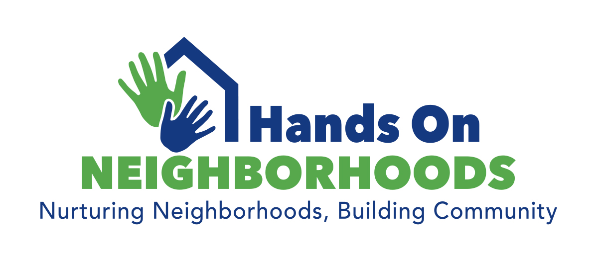Logo for Hands On Neighborhoods, featuring two hands and an outline of a house, above the words "nurturing neighborhoods, building community."